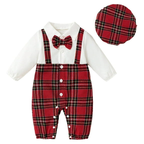 Baby Boy Clothes Gentleman Outfits Bodysuit Long Sleeve Shirt with Bowtie and Hat Suspender Pants Suits Set,12M(9-12 Months),Red