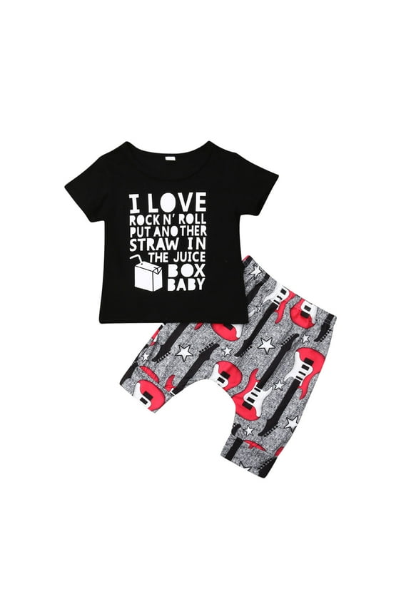 Baby Boy Clothes I Love Rock N' Roll Letter Print Short Sleeve Shirt Top+Guitar Pants 2PC Summer Outfit Set