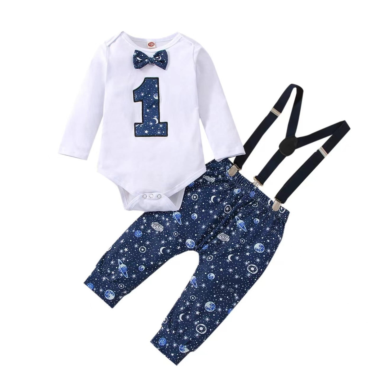 Kids Baby Boys Cartoon Long Sleeve Bowknot Romper Tops Gentleman