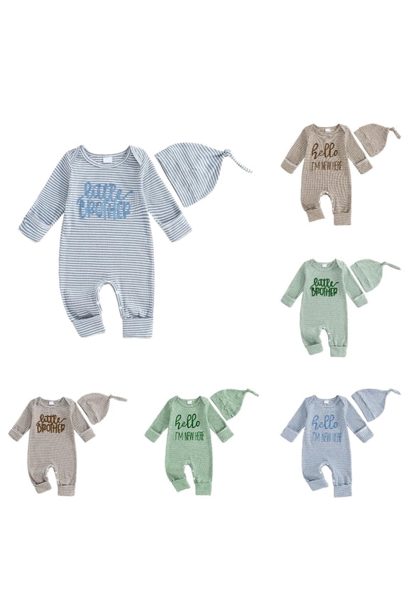 Baby Boy Clothes Little Bro Outfit Ribbed Knit Long Sleeve Baby Brother Romper Striped Bodysuit with Hat