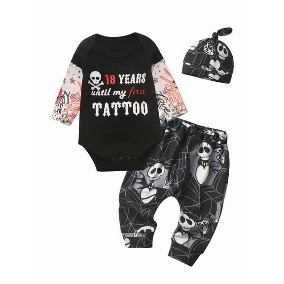 Baby Boy Clothes Long Sleeve Letter Romper   Skeleton Style Pants   Hat Halloween Outfits Set Black 9-12 Months