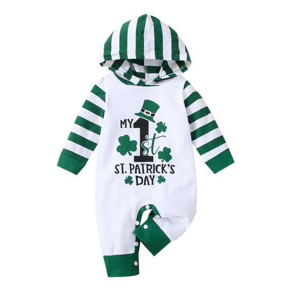Baby Boy Clothes My First St. Patricks Day Hooded Striped Letter Print Long Sleeve Romper Jumpsuit Toddler Girl Clothes