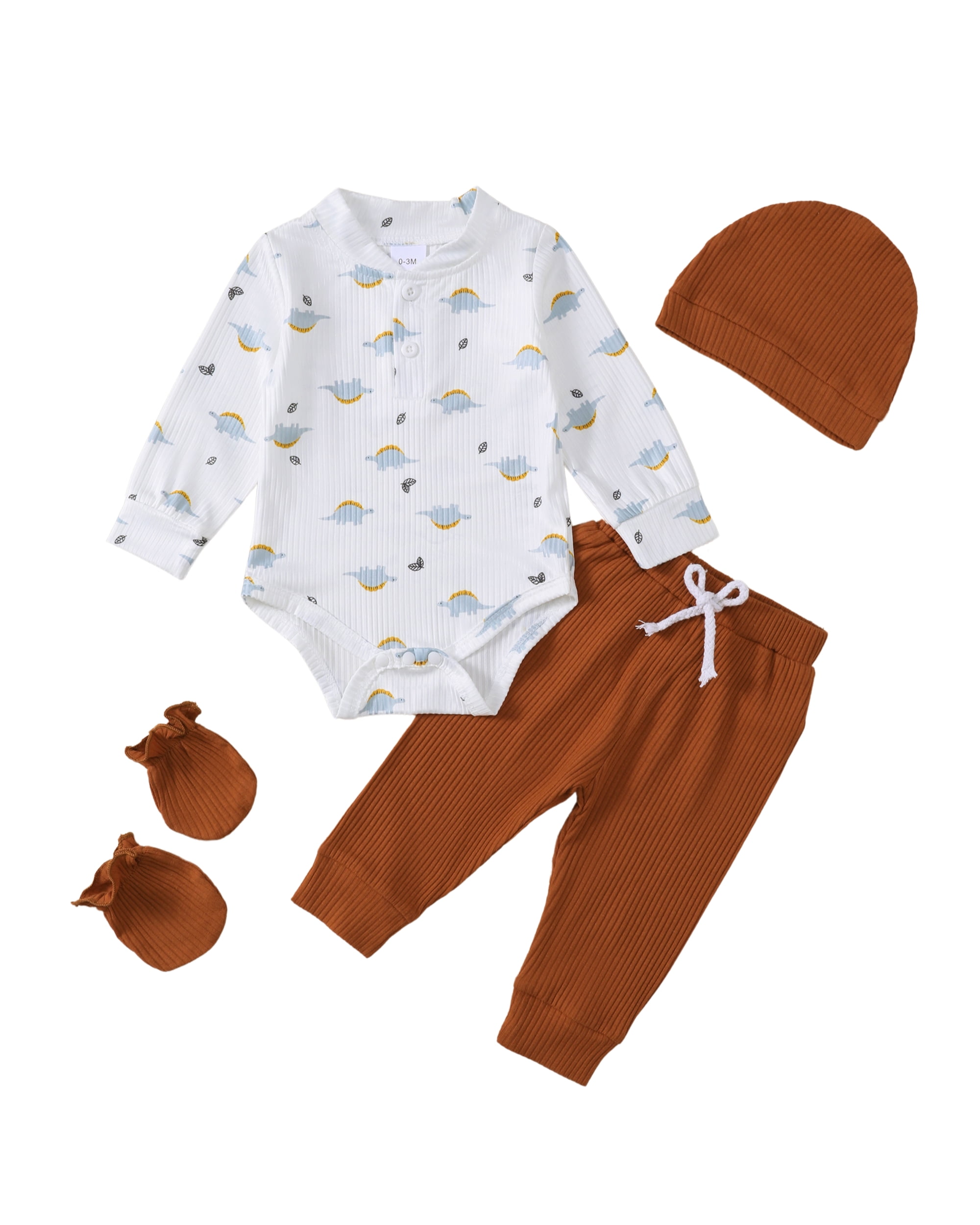 Baby Boy Clothes Newborn Boy Outfits Dinosaur Print Romper Brown Ribbed