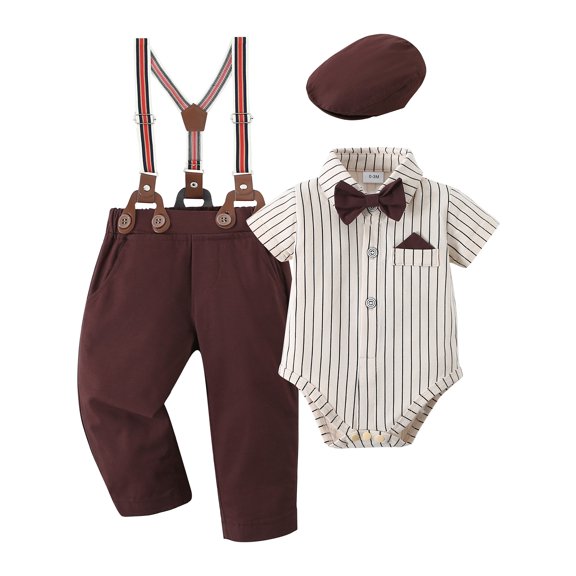 Baby Boy Clothes Outfit Suit Formal Romper Short Sleeve Shirts Suspender Pants Hat Bowtie 0-18M 4pcs