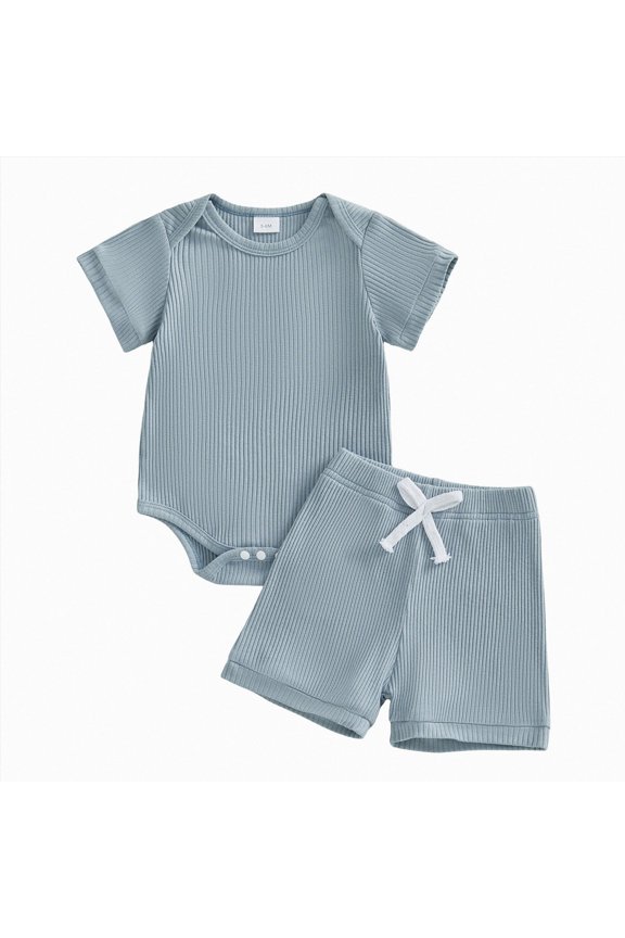Baby Boy Clothes Ribbed Solid Short Sleeve Romper And Shorts 2-Piece Set 3 6 12 18 Months