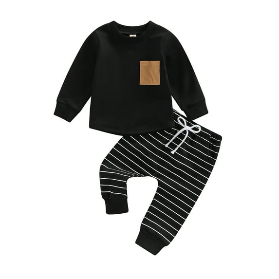 Baby Boy Clothes Set 6M 12M 18M 24M 3Y Long Sleeve Round Neck Tops with Pocket + Stripe Pattern Trousers