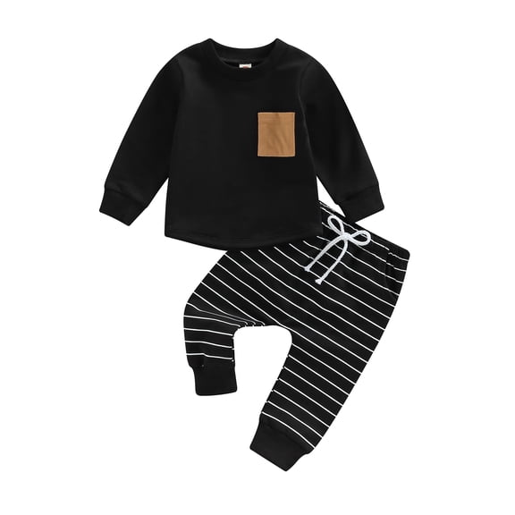 Baby Boy Clothes Set 6M 12M 18M 24M 3Y Long Sleeve Round Neck Tops with Pocket + Stripe Pattern Trousers
