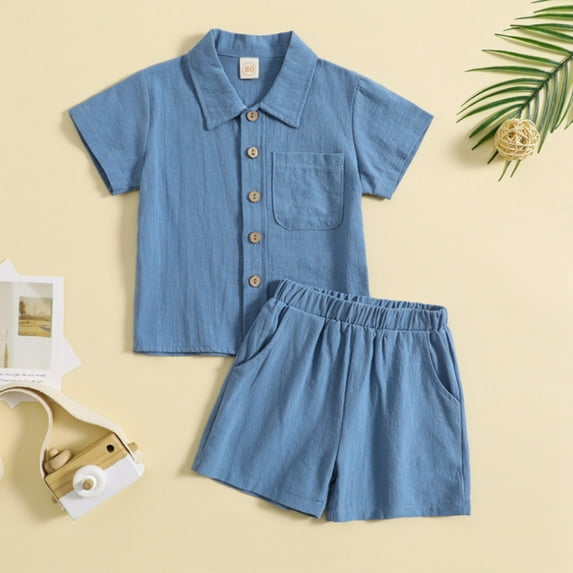 Baby Boy Clothes Set Button-Down Shirt Tops + Cotton Linen Shorts Summer Outfit with Pockets