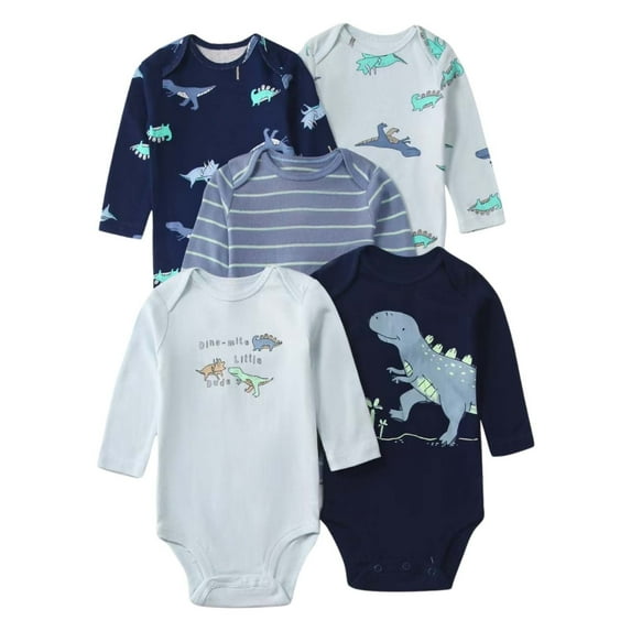 Baby Boy Clothes Set Dinosaurs Print Long Sleeve Romper Baby Gift 5-Pack Baby Comfy Bodysuits Crawlsuit Blue 6M