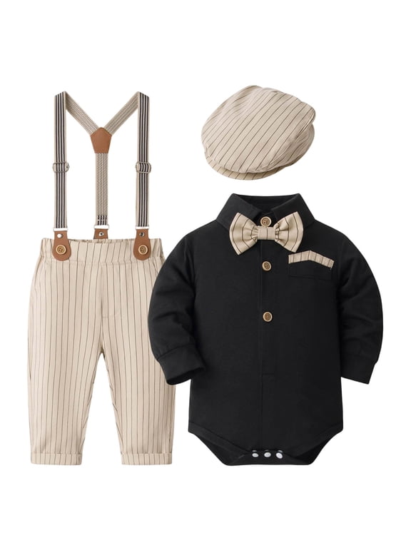 Baby Boy Clothes Set Infant Tuxedo Long Sleeve Gentleman Suit Outfits Beret Hat Suspender Pants Bowtie Suits for Boys