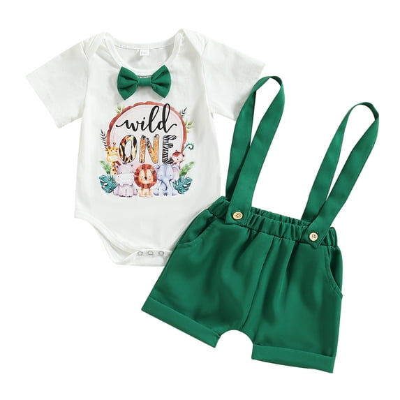 Baby Boy Clothes, Short Sleeve Round Neck Cartoon Animal Print Romper Shirt + Suspender Short Pants 6-18 Months