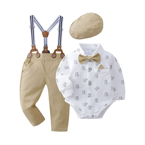 Baby Boy Clothes Suit 0-18M 4pcs Formal Suspender Pants Romper Shirt Dress Bowtie Clothes Infant Set
