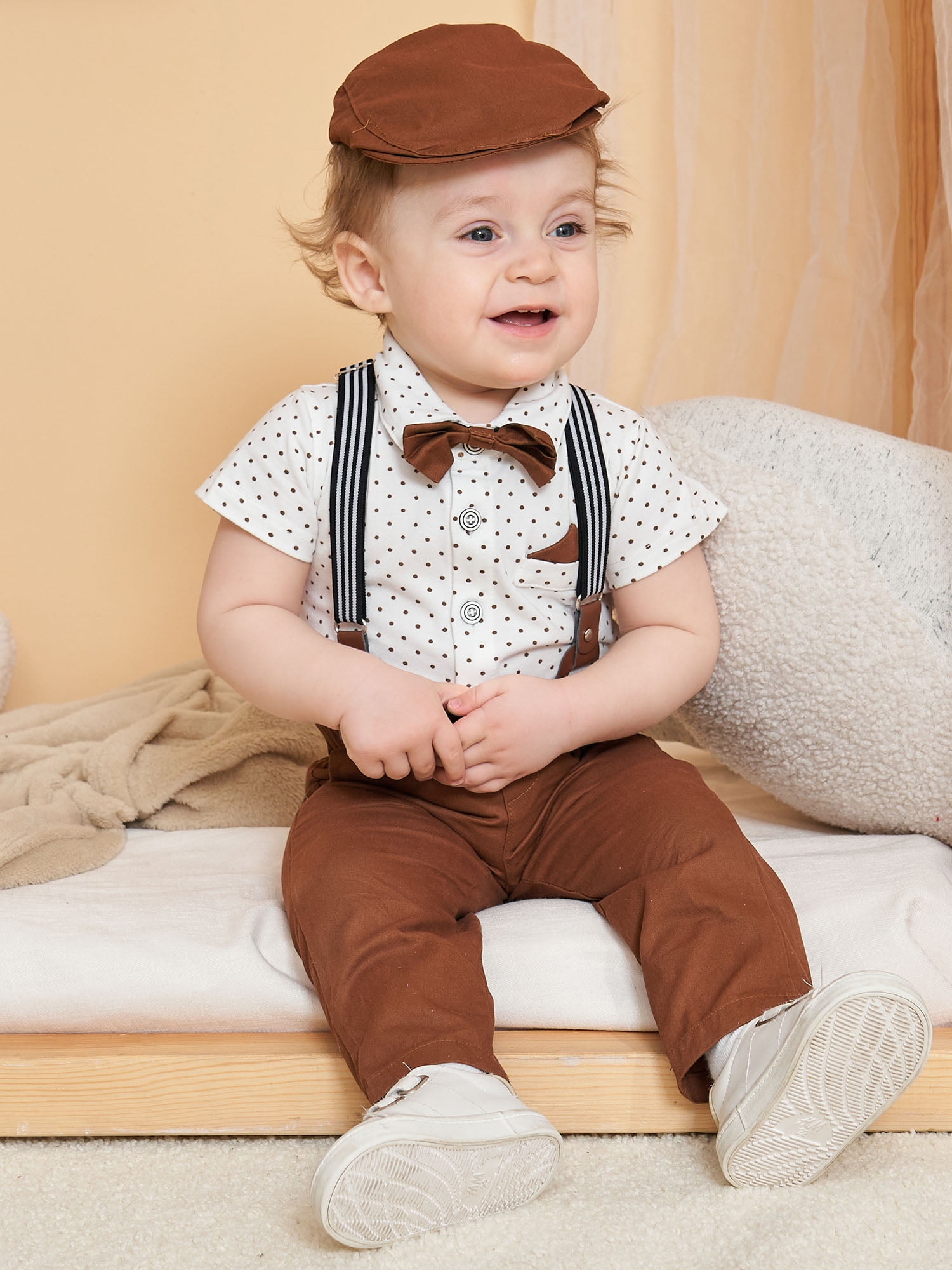 Newborn Boy Coming Home Outfit Set – Navy & Brown Bow Tie And Suspenders, Pants & Hat, Handmade In USA