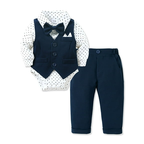 Baby Boy Clothes Suit 0-24 Months Infant Outfits Wave Point Romper Shirt Bowtie Vest Pant Wedding Party