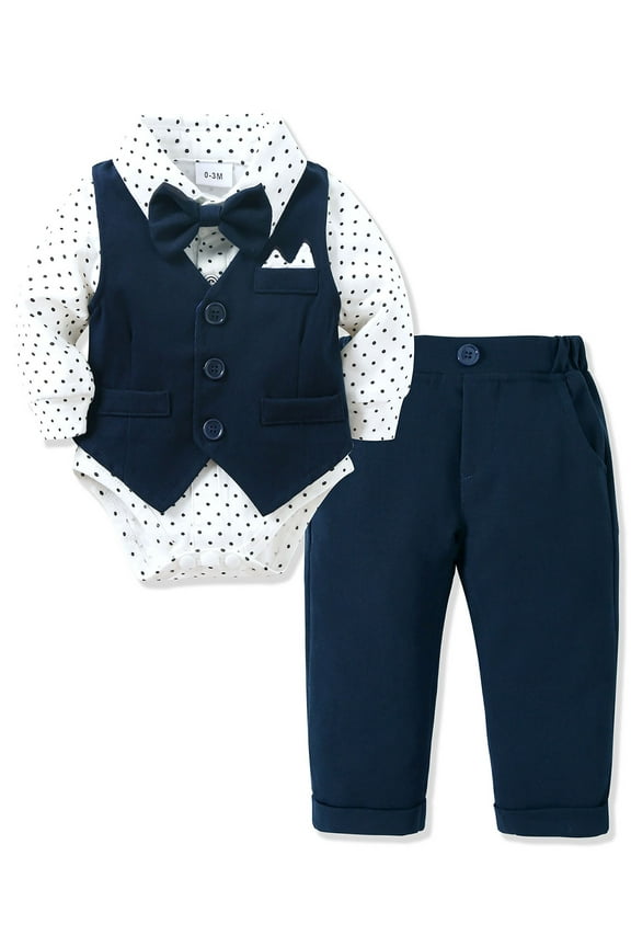 Baby Boy Clothes Suit 0-24 Months Infant Outfits Wave Point Romper Shirt Bowtie Vest Pant Wedding Party
