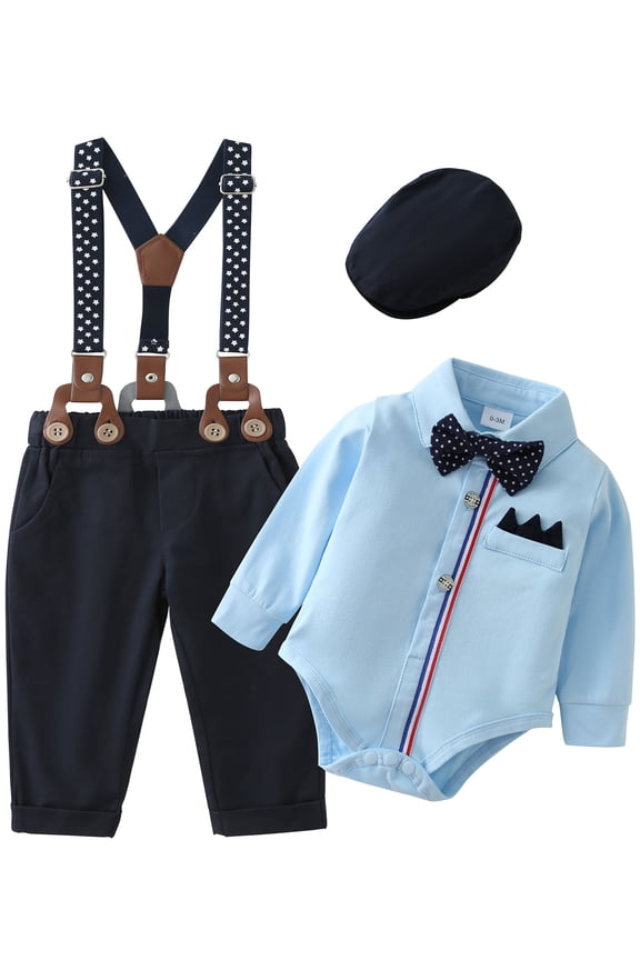 Baby Boy Clothes Suits 0-18 Months Formal Romper Shirt Beret Hat Suspender Pants Wedding Outfit 4pcs