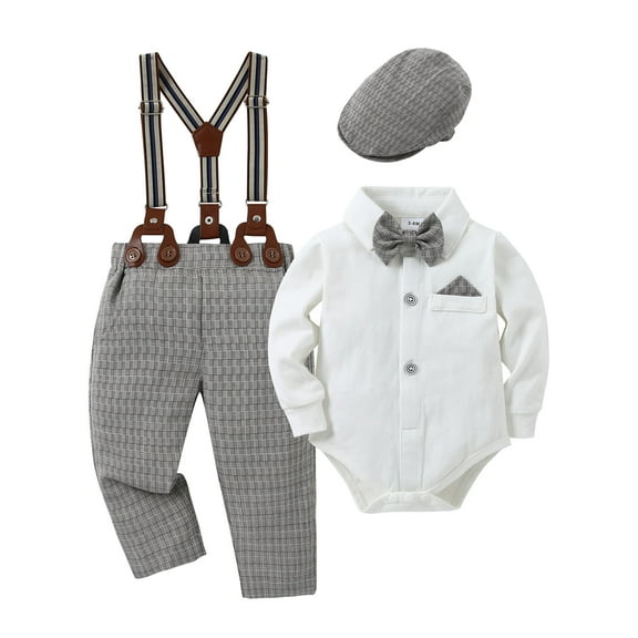 Baby Boy Clothes Suits 3-24 Months Gentleman Outfit Dress Romper Beret Hat Suspender Pants Tie Set