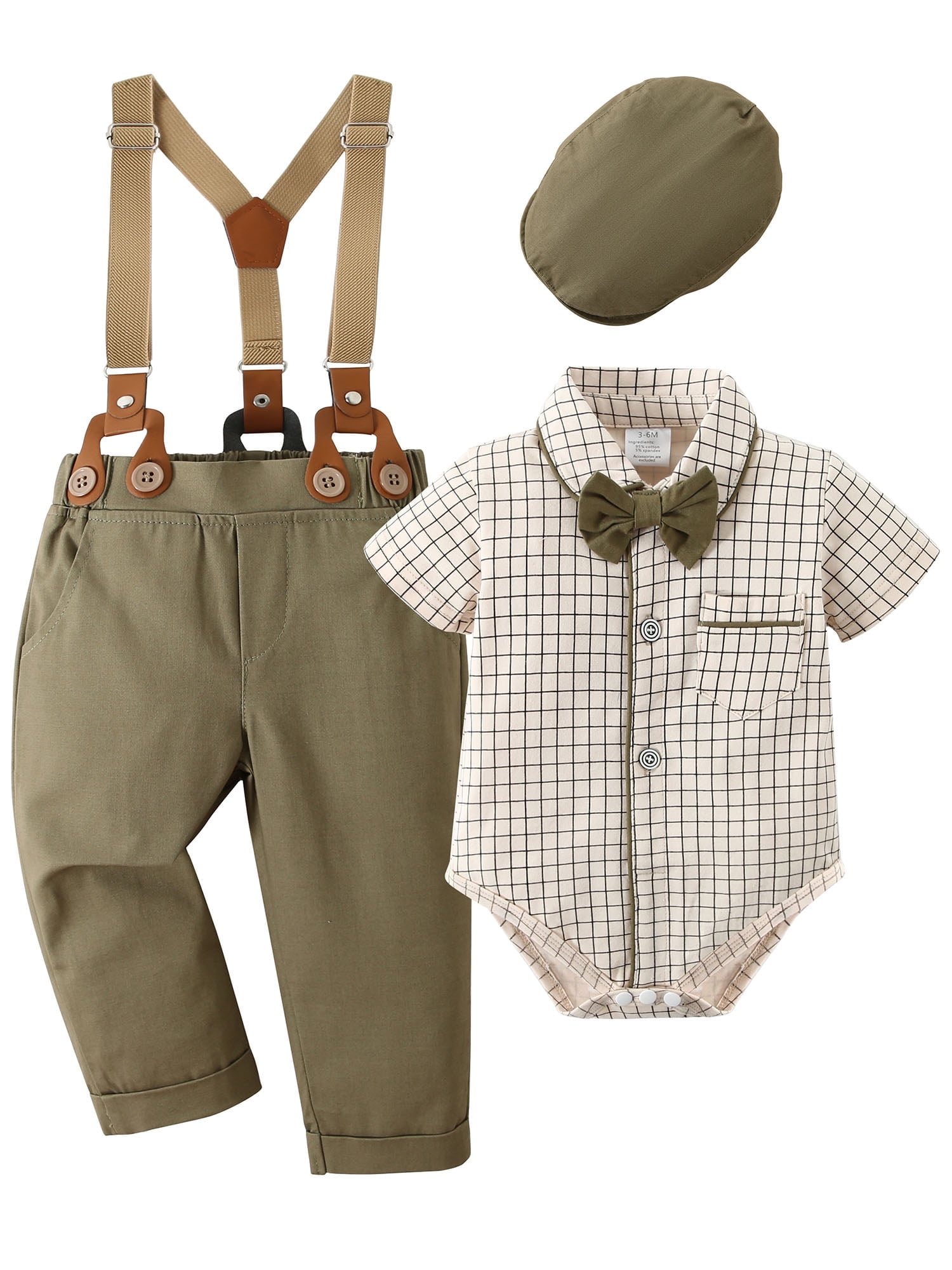 Baby Boy Clothes Suits 3-24 Months Plaid Shirt Wedding Formal Outfits Suspender Pants Bowtie Hat