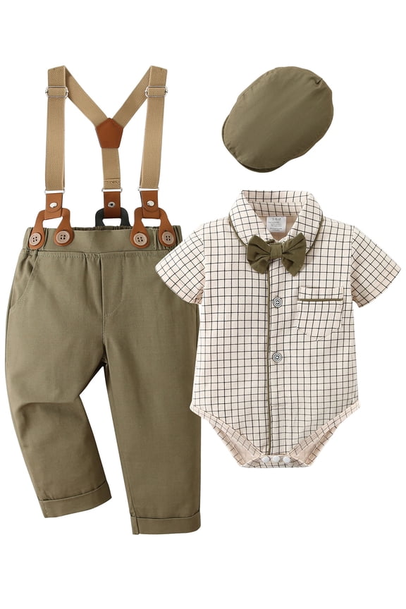 Baby Boy Clothes Suits 3-24 Months Plaid Shirt Wedding Formal Outfits Suspender Pants Bowtie Hat