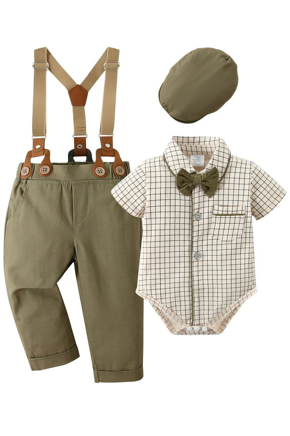 Baby Boy Clothes Suits 3-24 Months Plaid Shirt Wedding Formal Outfits Suspender Pants Bowtie Hat
