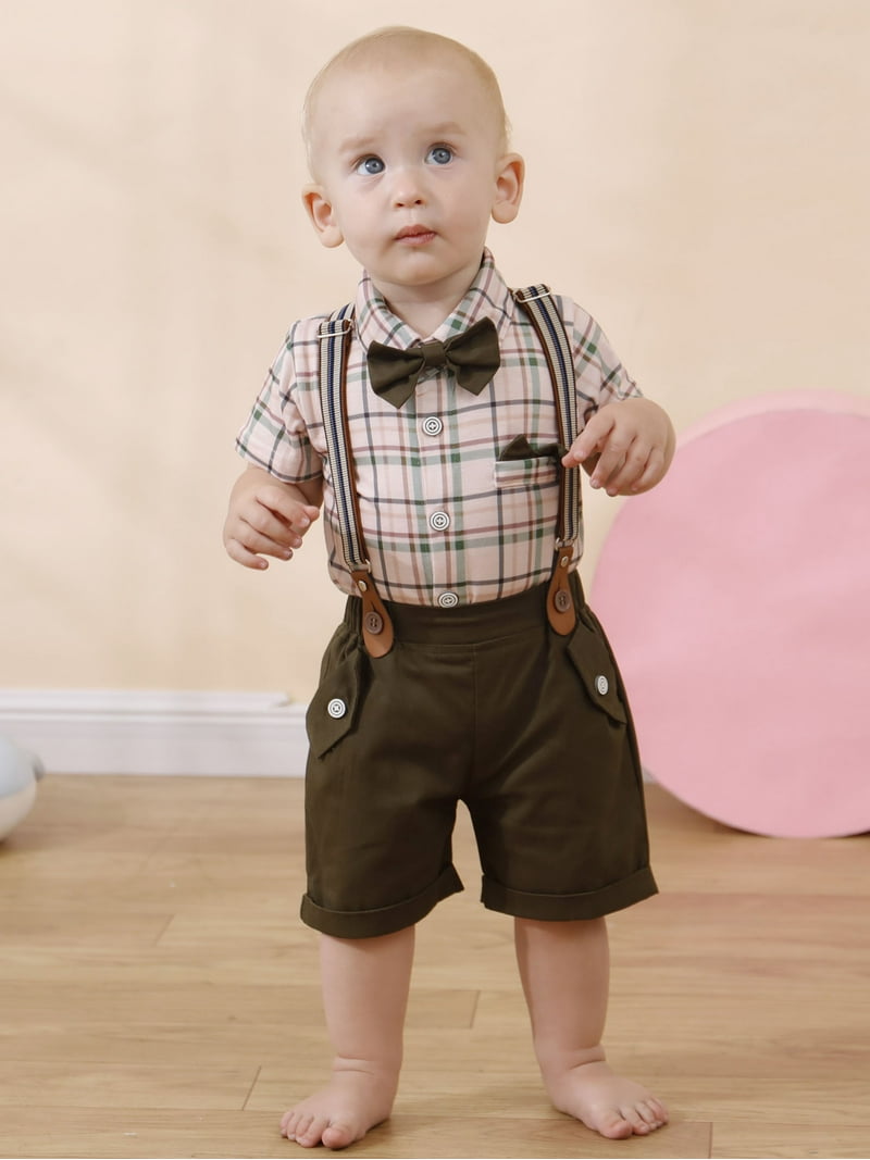Baby Boy Clothes Suits Shirt 0-18 Months Plaid Suspender Shorts