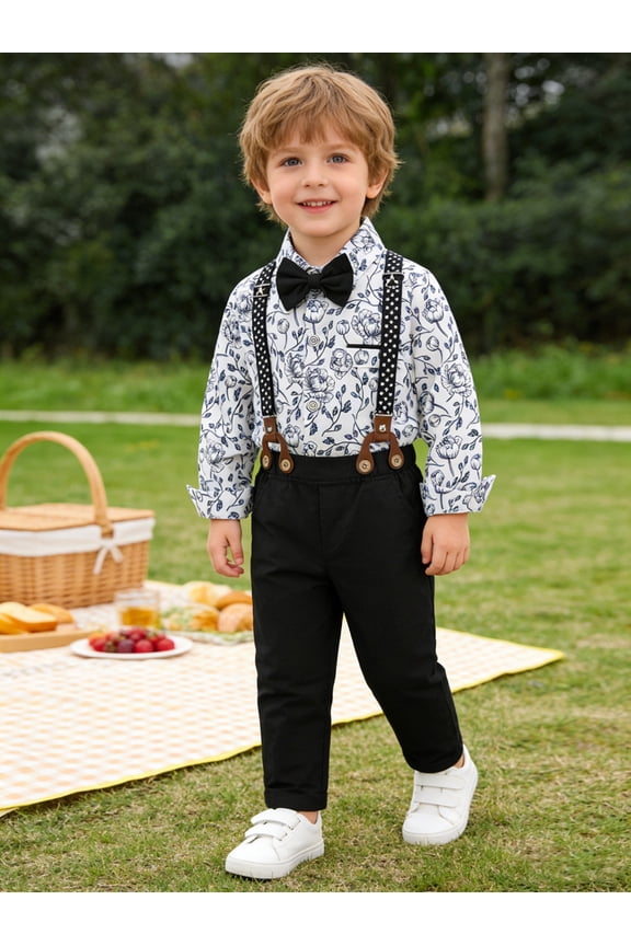 Toddler Boys Suit Boys Formal Outfit Set Dress Shirt Bowtie Suspender Pants 1-5T Baby Boy Church Christening Wedding Easter Clothes 3T