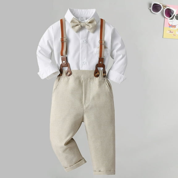 Baby Boy Clothes Suits Toddler Dress Shirt With Bowtie Suspender Pants Outfit Sets Gentleman Wedding Suspenders Suit, British Dress, Casual Wear