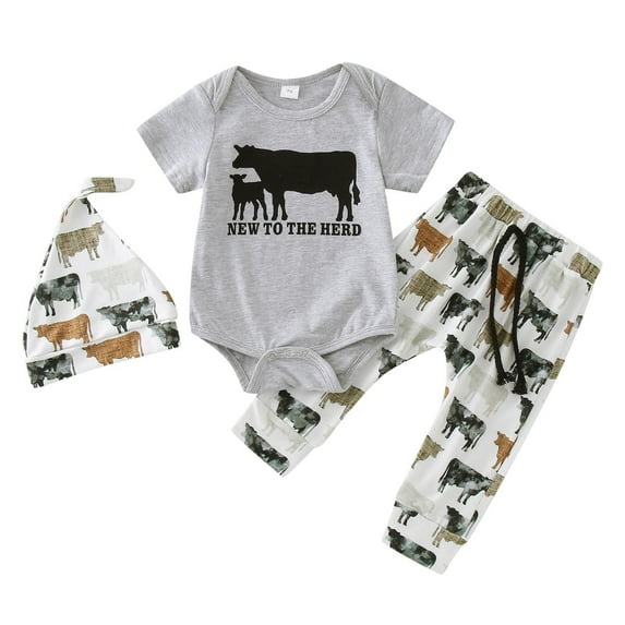 Baby Boy Clothes Summer Casual Outfit Sets Short Sleeve Romper Bodysuit Cartoon Cow Prints Pants Hat 3 Pieces Grey Brother Matching Outfits 6-12M