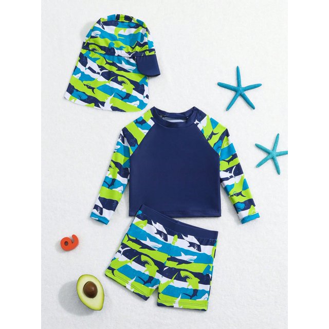 Baby Boy Color Block Shark Patterned Long Sleeve Rashguard Top And