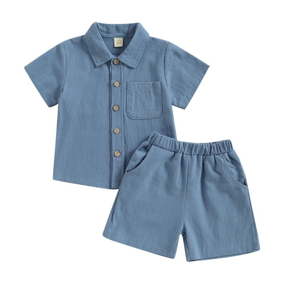 Baby Boy Cotton Linen Shorts Set 6M 12M 18M 24M 3Y 4Y Solid Color Short Sleeve Button Down T-shirt Tops and Shorts Outfit Clothes
