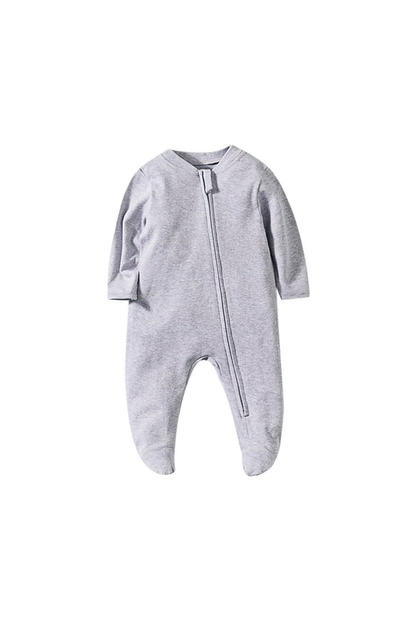 Baby Boy Cotton Romper Zip up Long Sleeve Solid Color Footed Warm Jumpsuit Romper Clothes for Infant Gray 12M
