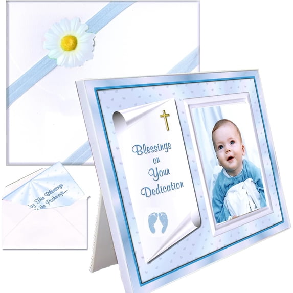 Baby Boy Dedication Picture Frame Keepsake – Faith-Inspired Gift from Godparents or Grandparents, Gift-Boxed with Card & Envelope, Holds 3.5x5 Photo