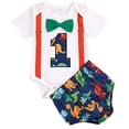thumbnail image 1 of Baby Boy Dinosaur Theme 1st Birthday Cake Smash Outfit Romper + Suspenders + Shorts 3pcs Set, 1 of 7