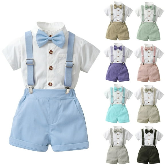 Baby Boy Dress Clothes 9-12 Months Baby Boys Formal Suit Set Short Sleeve Romper Suspenders Shorts Pants Bowtie Wedding Tuxedo Outfits Cake Smash Clothes
