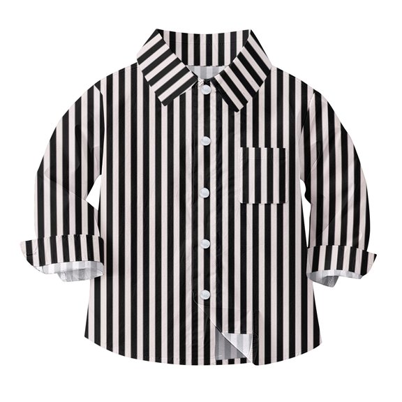 Baby Boy Dress Shirts Boys Striped Long Sleeve Collared Button Up Shirt with Chest Pocket School Uniform, 12-18 Months Black 04
