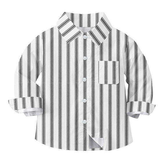 Baby Boy Dress Shirts Boys Striped Long Sleeve Collared Button Up Shirt with Chest Pocket School Uniform, 3-4 Years Black