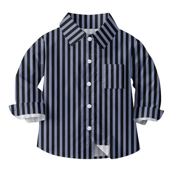 Baby Boy Dress Shirts Boys Striped Long Sleeve Collared Button Up Shirt with Chest Pocket School Uniform, 4-5 Years Navy 01