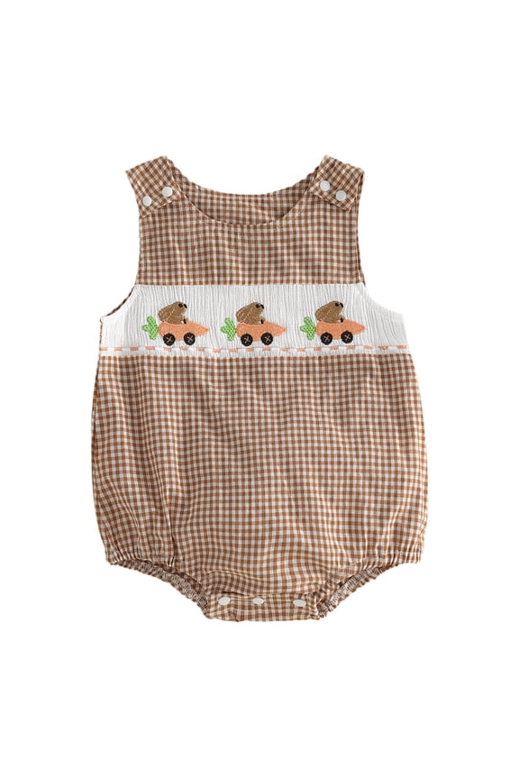 Baby Boy Easter Outfit Bunny Carrot Embroidery Sleeveless Smocked Bubble Romper Striped/Plaid Bodysuit