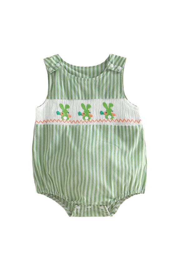 Baby Boy Easter Outfit Bunny Carrot Embroidery Sleeveless Smocked Bubble Romper Striped/Plaid Bodysuit