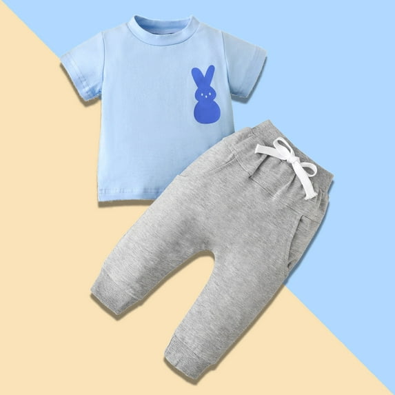 Baby Boy Easter Outfit Bunny Printed Summer Short Sleeve T shirt Pants Set Spring Clothes 12-18 Months