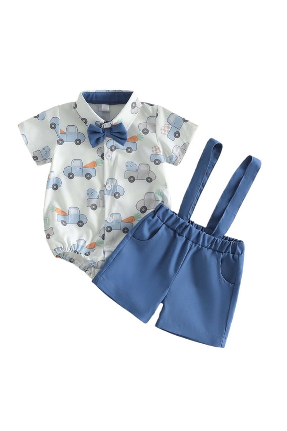 Baby Boy Easter Outfit Bunny Truck Short Sleeve Button Down Shirt Romper Suspender Shorts Set Summer Clothes