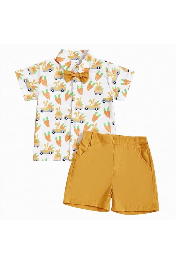 Baby Boy Easter Outfit Short Sleeve Lapel Button-Down Shirt with Elastic Shorts Set Toddler Boy Cute Clothing