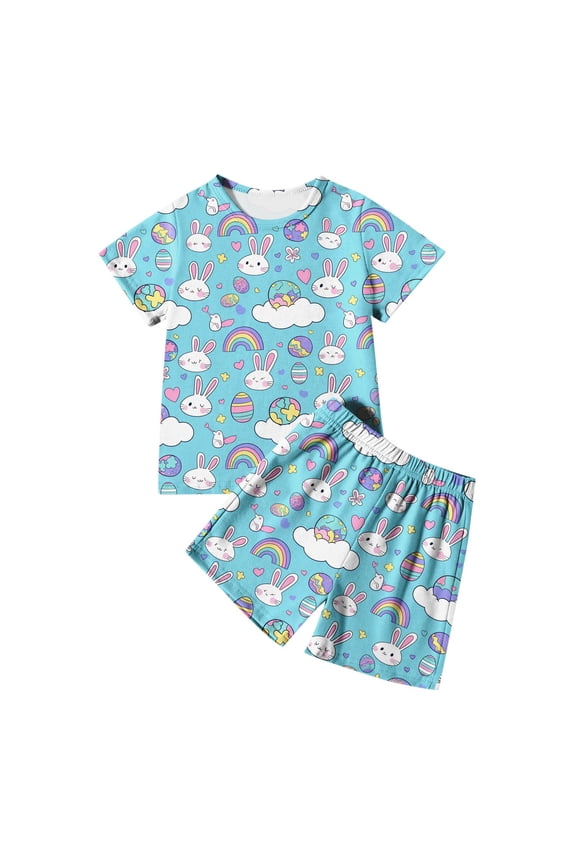 Baby Boy Easter Outfit Short Sleeve T-Shirt Funny Bunny Suit Cute Cartoon Graphic Tees Roller Rabbit Pajamas Soft and Comfortable Pullover Tops Pants 2 PC Kids Clothes Sky Blue 9-10 Years