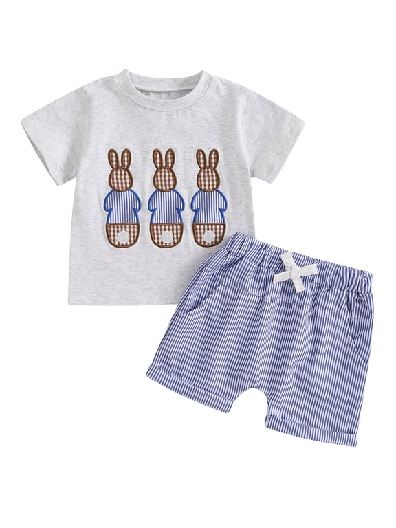 Baby Boy Easter Outfits 3 6 12 18 24 Months 2T 3T Toddler Boys Summer Outfits Short Sleeve Bunny Embroidery T-Shirt + Shorts Set Toddler Clothes