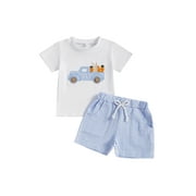 PAERPADE Baby Boy Easter Outfits 6 12 18 24 Months 2T 3T 4T Toddler Boys Summer Clothes Short Sleeve Truck Embroidery T-Shirt + Striped Shorts 2Pcs Set