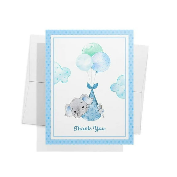 Twigs Paper Baby Boy Shower Thank You Cards, 12 Blue Elephant Note Cards