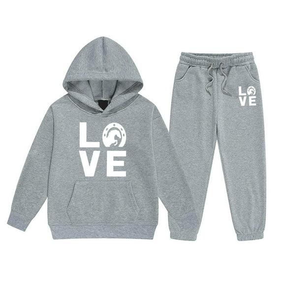 Baby Boy Fall Clothes Kids Two Piece Outfit Love Letter Print Hoodie Pants Casual Loungewear Boys Outfits Grey 6 Years-7 Years