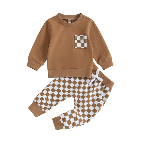 Baby Boy Fall Outfits 6M 12M 18M 24M 3Y Checkered Plaid Pullover Sweatshirt Top Pants Set Trendy Toddler Checkerboard Outfit