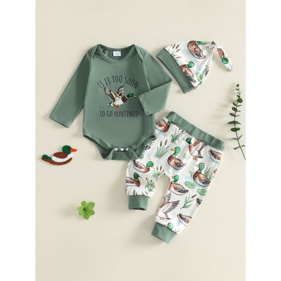 Baby Boy Fall Outfits Long Sleeve Romper with Duck Print Pants Hat Set