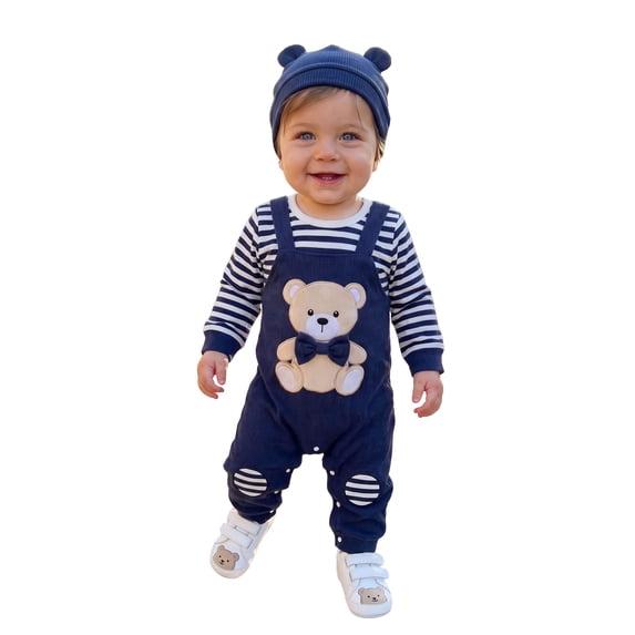 Baby Boy Fall Romper Stripe Print Bear Embroidery Bodysuits with Hat